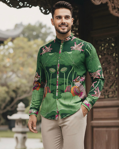 Áo Sơ Mi Nam Lụa Cổ Điển 1870 / Uyên Ương Liên Hạ Xanh Lá & Hồng