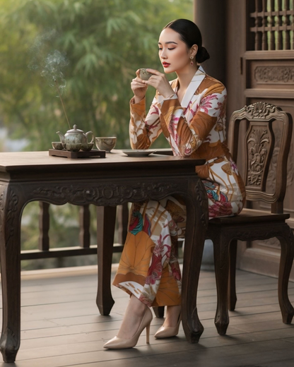 Bộ Vest Lụa / Họa tiết Uyên Ương Liên Hạ Be & Nâu