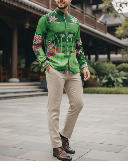 Áo Sơ Mi Nam Lụa Cổ Điển 1870 / Uyên Ương Liên Hạ Xanh Lá & Hồng