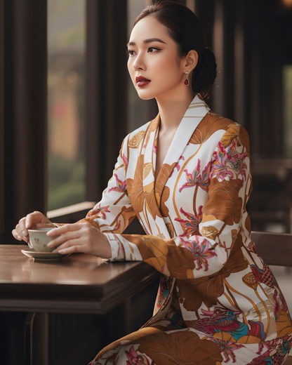 Bộ Vest Lụa / Họa tiết Uyên Ương Liên Hạ Be & Nâu