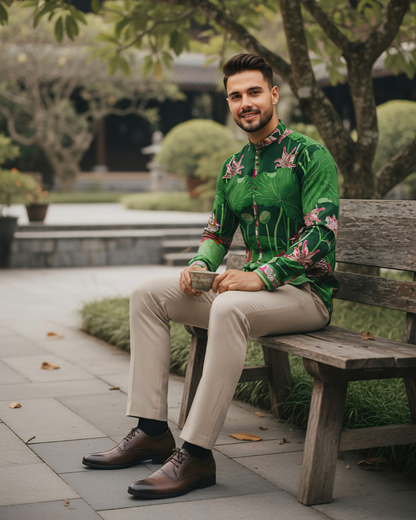 Áo Sơ Mi Nam Lụa Cổ Điển 1870 / Uyên Ương Liên Hạ Xanh Lá & Hồng