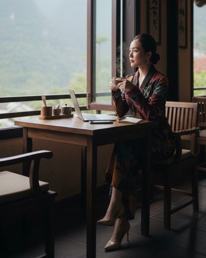 Bộ Vest Lụa / Họa tiết Uyên Ương Liên Hạ Nâu & Da Cam