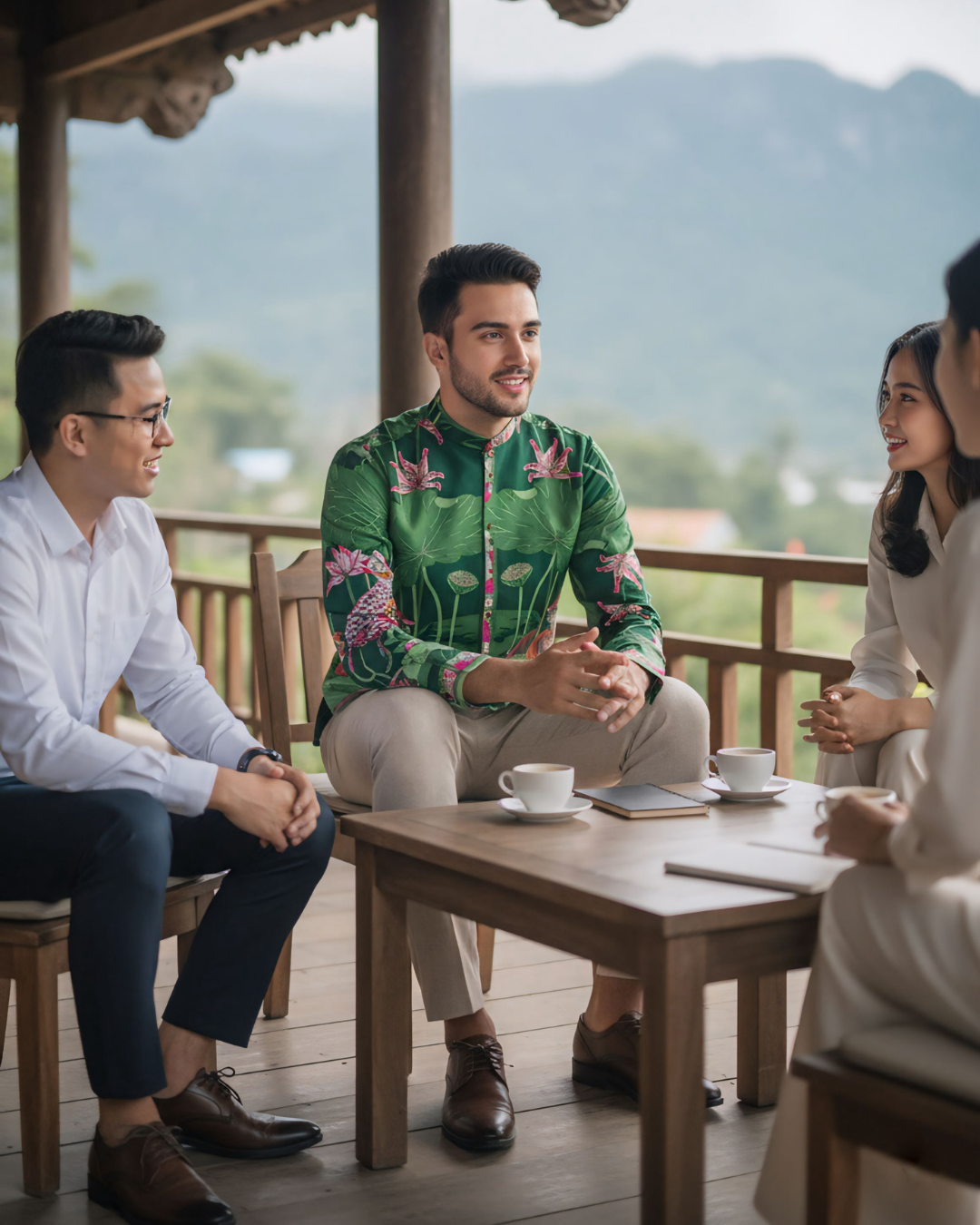 Áo Sơ Mi Nam Lụa Cổ Điển 1870 / Uyên Ương Liên Hạ Xanh Lá & Hồng