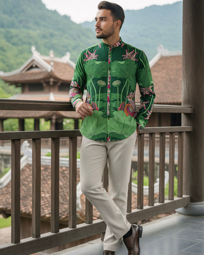 Áo Sơ Mi Nam Lụa Cổ Điển 1870 / Uyên Ương Liên Hạ Xanh Lá & Hồng