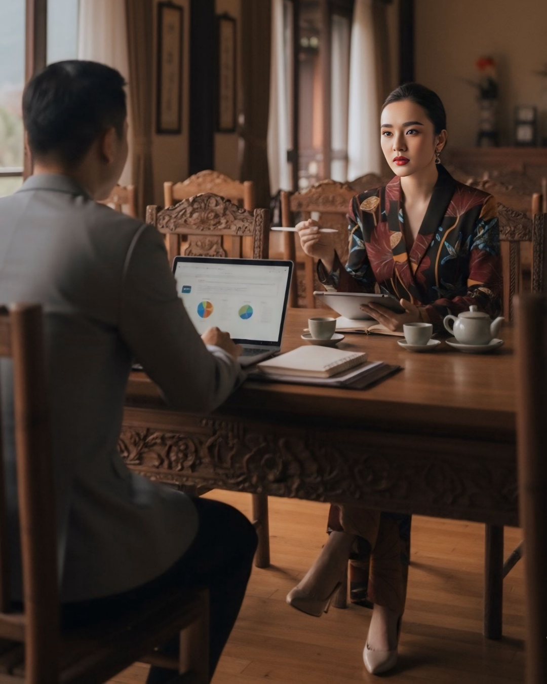 Bộ Vest Lụa / Họa tiết Uyên Ương Liên Hạ Nâu & Da Cam