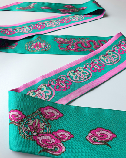 Quà Tặng Cao Cấp / Khăn Twilly Lụa Hương Vân Long Mộng / Xanh Ngọc & Hồng / 6cm x 150cm