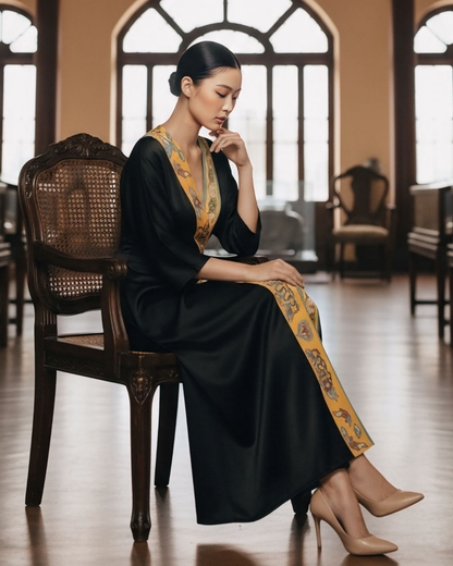 Đầm Quấn Lụa / Họa tiết Lụa Trơn Đen & Twilly Mây Hoạ Long Ân Vàng