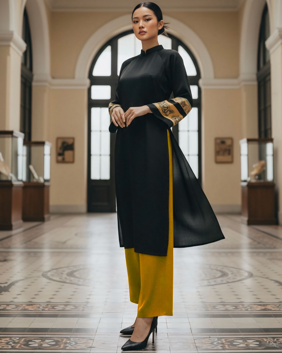 Áo Dài Lụa Tay Loa / Họa tiết Lụa Trơn Đen Vàng & Twilly Mây Hoạ Long Ân Vàng