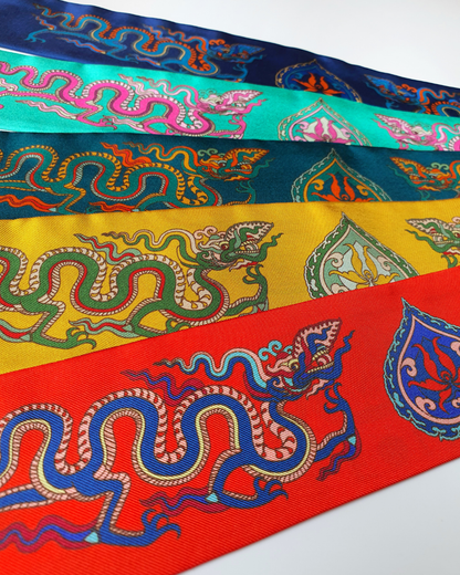 Quà Tặng Cao Cấp / Khăn Twilly Lụa Hương Vân Long Mộng / Xanh Cổ Vịt & Da Cam / 6cm x 150cm