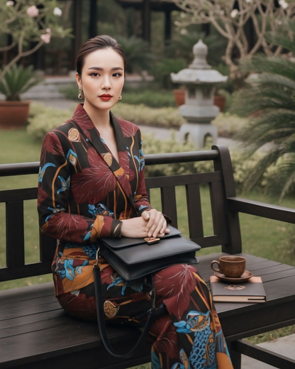 Bộ Vest Lụa / Họa tiết Uyên Ương Liên Hạ Nâu & Da Cam