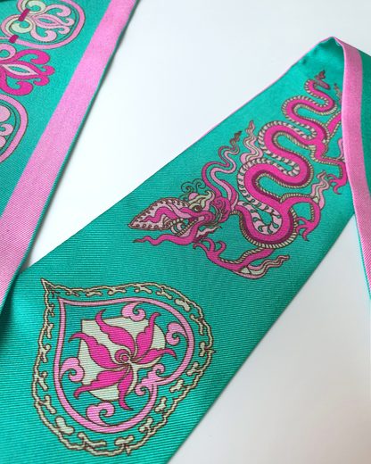 Quà Tặng Cao Cấp / Khăn Twilly Lụa Hương Vân Long Mộng / Xanh Ngọc & Hồng / 6cm x 150cm