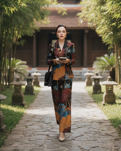 Bộ Vest Lụa / Họa tiết Uyên Ương Liên Hạ Nâu & Da Cam