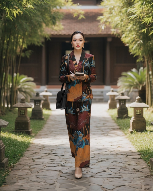 Bộ Vest Lụa / Họa tiết Uyên Ương Liên Hạ Nâu & Da Cam