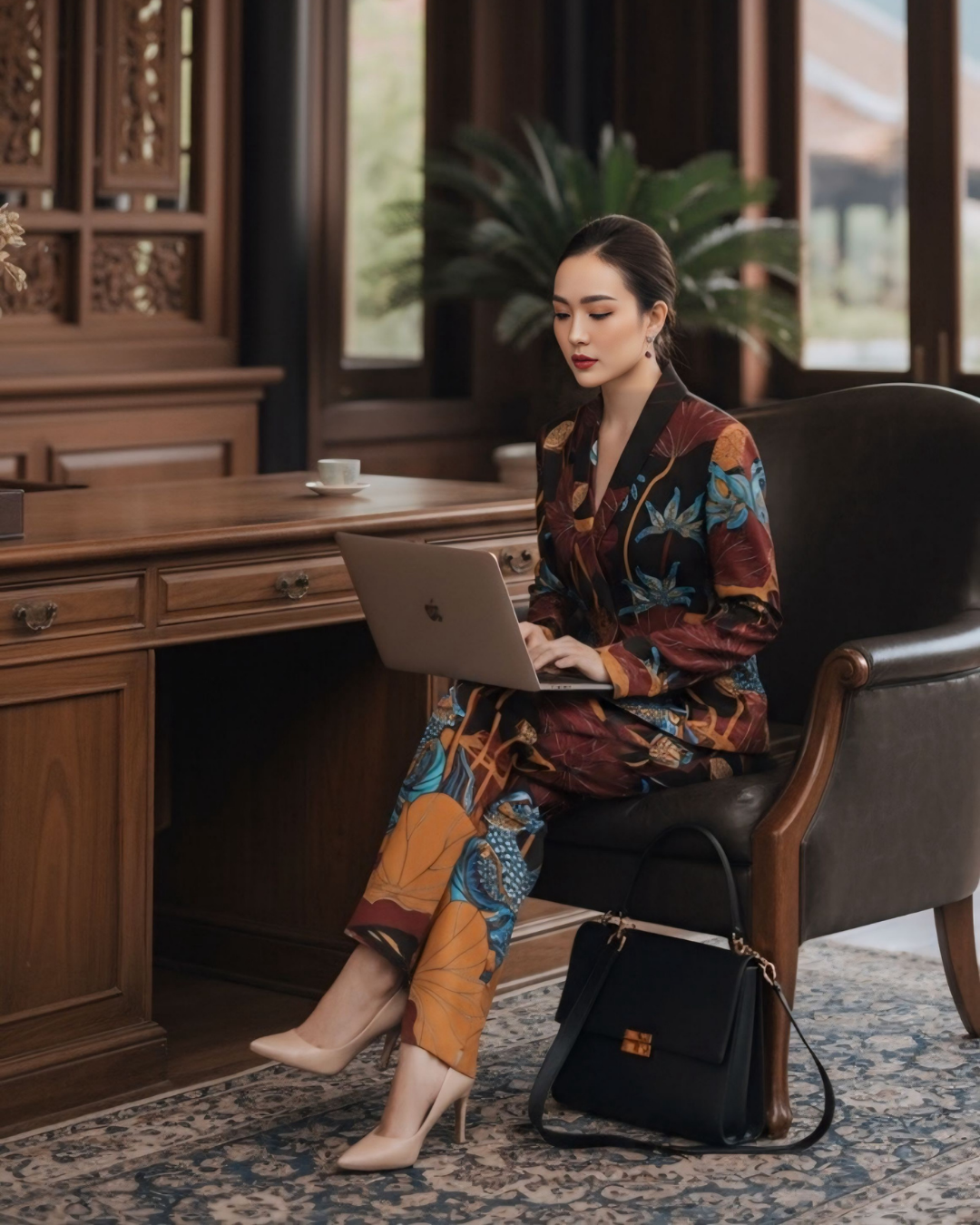 Bộ Vest Lụa / Họa tiết Uyên Ương Liên Hạ Nâu & Da Cam