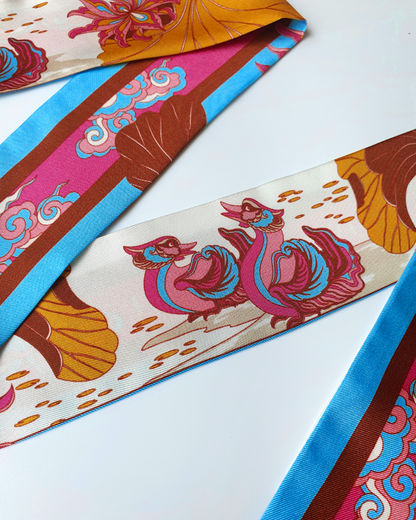 Quà Tặng Cao Cấp / Khăn Twilly Lụa Uyên Ương Liên Hạ / Be & Nâu / 6cm x 150cm