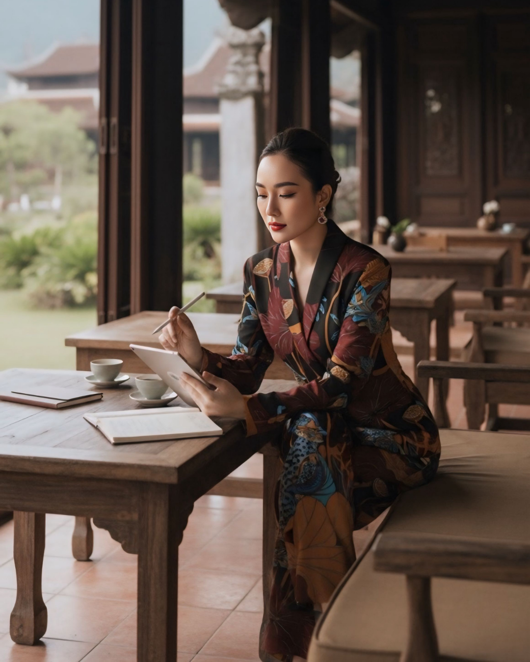 Bộ Vest Lụa / Họa tiết Uyên Ương Liên Hạ Nâu & Da Cam