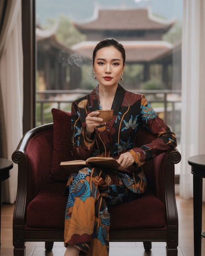 Bộ Vest Lụa / Họa tiết Uyên Ương Liên Hạ Nâu & Da Cam