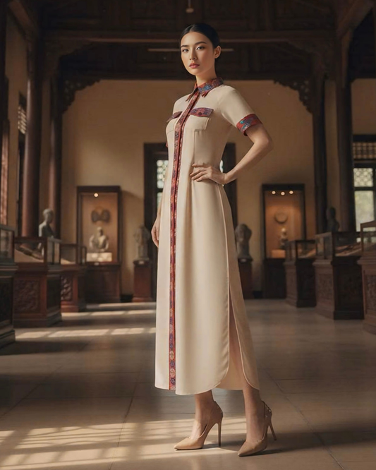 Đầm Sơ Mi Lụa Xẻ Tà Dáng Suông / Họa tiết Lụa Trơn Be & Twilly Mây Hoạ Long Ân Đỏ