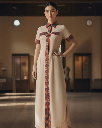 Đầm Sơ Mi Lụa Xẻ Tà Dáng Suông / Họa tiết Lụa Trơn Be & Twilly Mây Hoạ Long Ân Đỏ