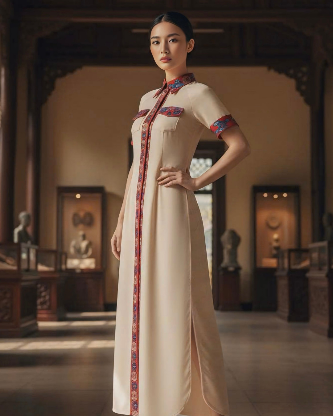 Đầm Sơ Mi Lụa Xẻ Tà Dáng Suông / Họa tiết Lụa Trơn Be & Twilly Mây Hoạ Long Ân Đỏ