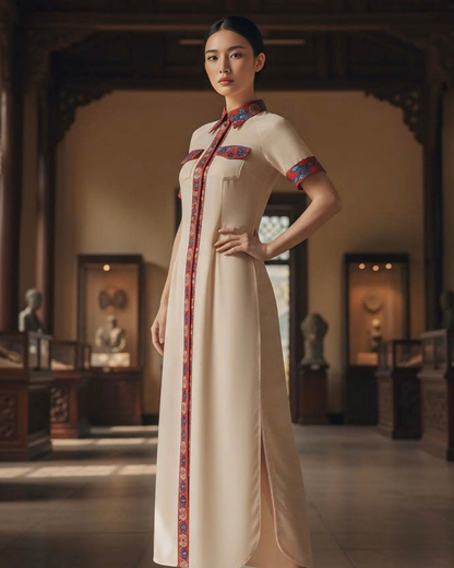 Đầm Sơ Mi Lụa Xẻ Tà Dáng Suông / Họa tiết Lụa Trơn Be & Twilly Mây Hoạ Long Ân Đỏ