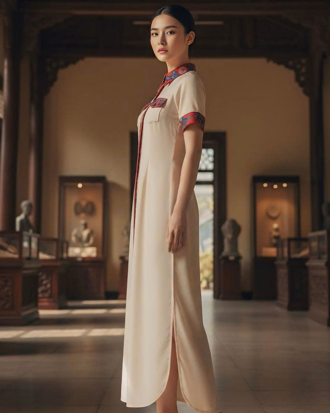 Đầm Sơ Mi Lụa Xẻ Tà Dáng Suông / Họa tiết Lụa Trơn Be & Twilly Mây Hoạ Long Ân Đỏ