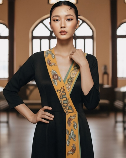 Đầm Quấn Lụa / Họa tiết Lụa Trơn Đen & Twilly Mây Hoạ Long Ân Vàng