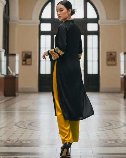 Áo Dài Lụa Tay Loa / Họa tiết Lụa Trơn Đen Vàng & Twilly Mây Hoạ Long Ân Vàng