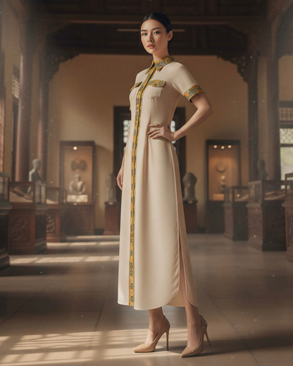 Đầm Sơ Mi Lụa Xẻ Tà Dáng Suông / Họa tiết Lụa Trơn Be & Twilly Mây Hoạ Long Ân Vàng