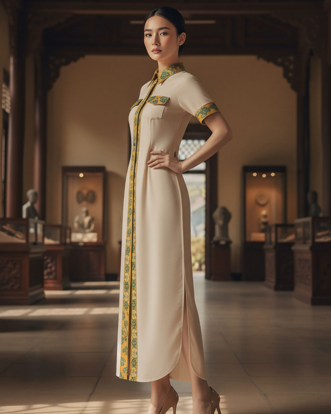 Đầm Sơ Mi Lụa Xẻ Tà Dáng Suông / Họa tiết Lụa Trơn Be & Twilly Mây Hoạ Long Ân Vàng