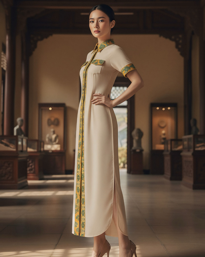 Đầm Sơ Mi Lụa Xẻ Tà Dáng Suông / Họa tiết Lụa Trơn Be & Twilly Mây Hoạ Long Ân Vàng