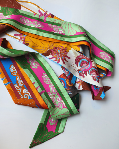 Quà Tặng Cao Cấp / Khăn Twilly Lụa Uyên Ương Liên Hạ / Xanh Lá & Hồng / 6cm x 150cm