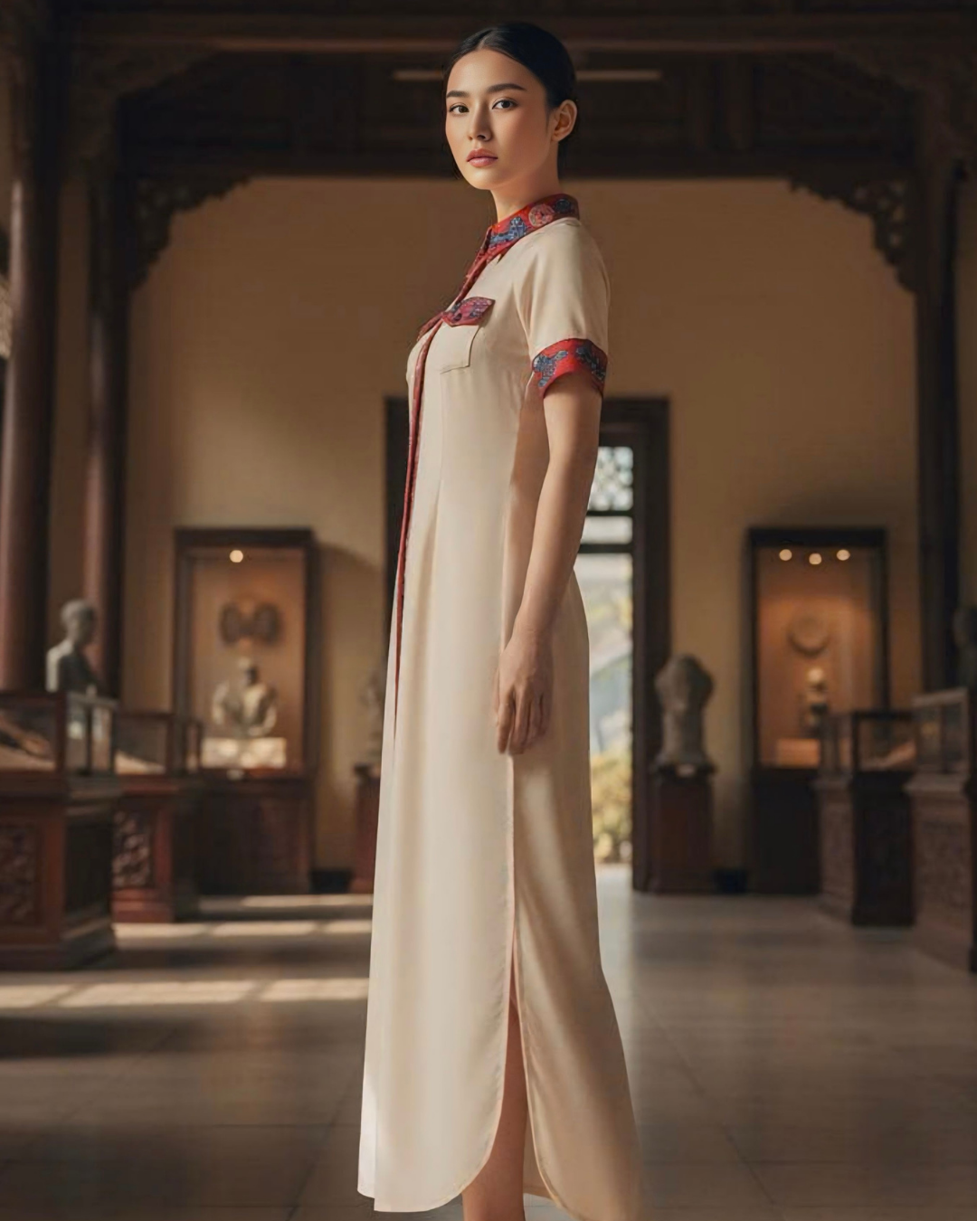 Đầm Sơ Mi Lụa Xẻ Tà Dáng Suông / Họa tiết Lụa Trơn Be & Twilly Mây Hoạ Long Ân Đỏ