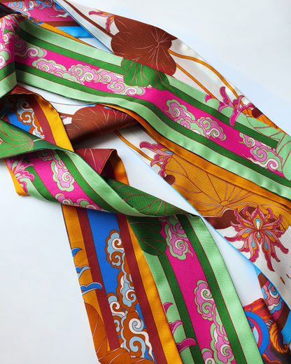 Quà Tặng Cao Cấp / Khăn Twilly Lụa Uyên Ương Liên Hạ / Xanh Lá & Hồng / 6cm x 150cm