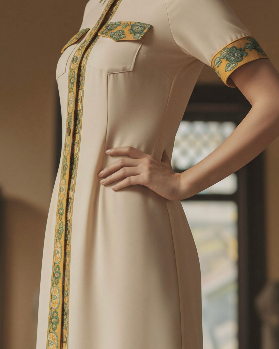 Đầm Sơ Mi Lụa Xẻ Tà Dáng Suông / Họa tiết Lụa Trơn Be & Twilly Mây Hoạ Long Ân Vàng