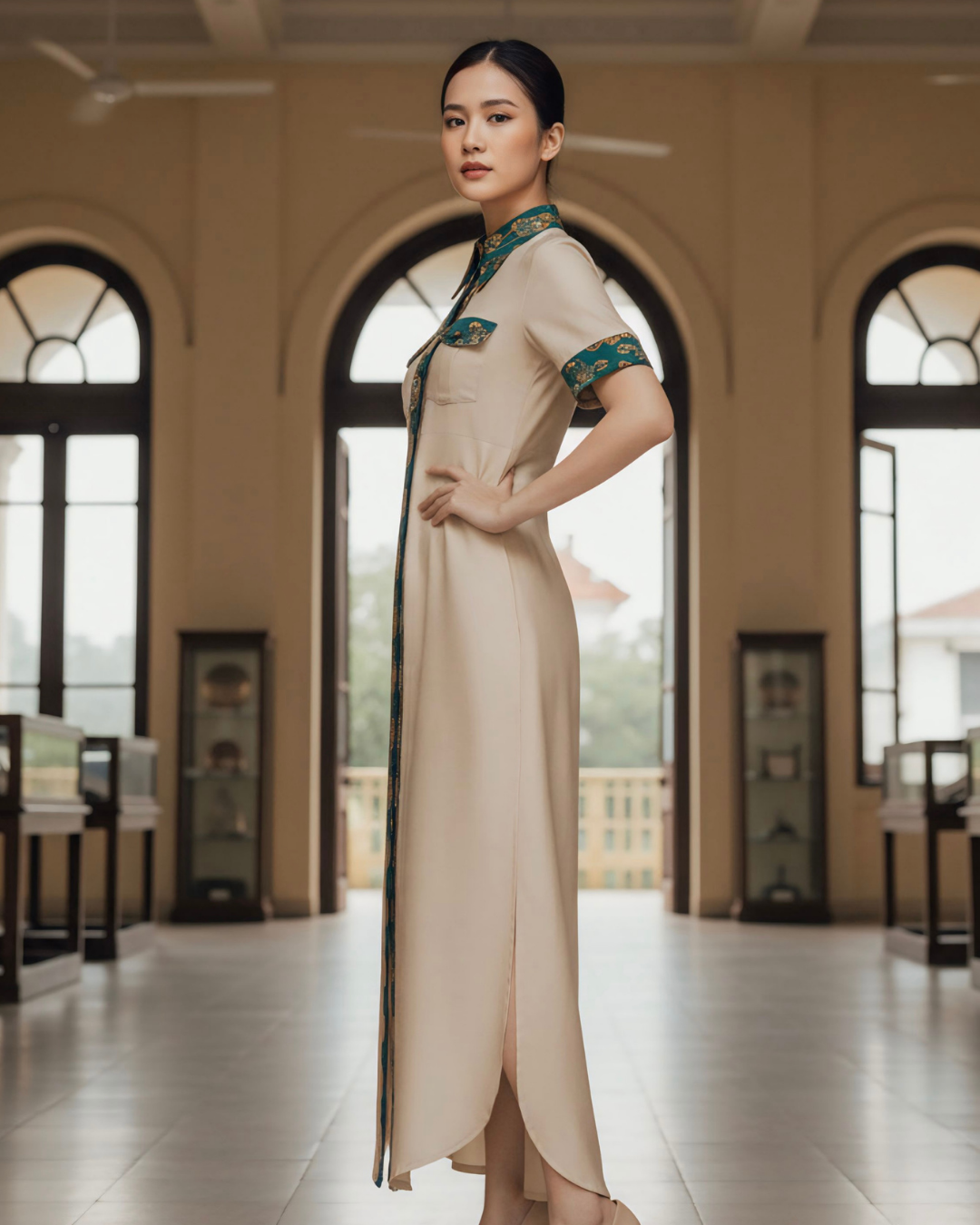 Đầm Sơ Mi Lụa Xẻ Tà Dáng Suông / Họa tiết Lụa Trơn Be & Twilly Mây Hoạ Long Ân Xanh Cổ Vịt