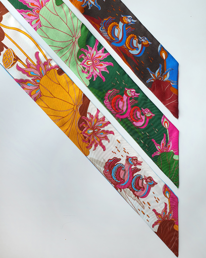 Quà Tặng Cao Cấp / Khăn Twilly Lụa Uyên Ương Liên Hạ / Xanh Lá & Hồng / 6cm x 150cm