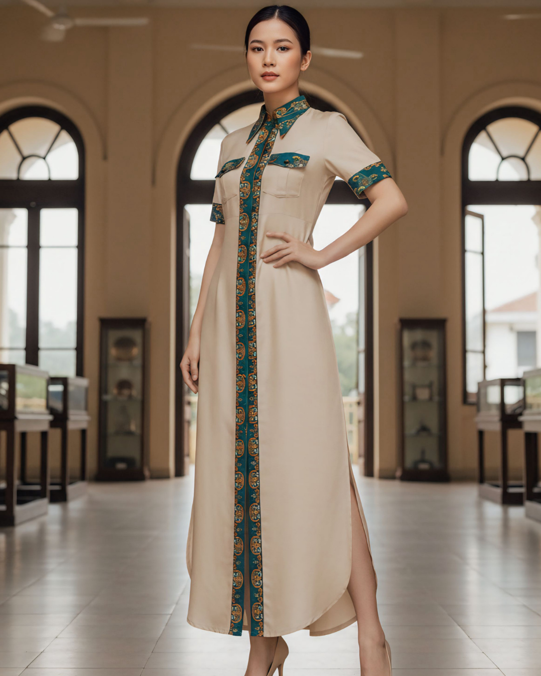 Đầm Sơ Mi Lụa Xẻ Tà Dáng Suông / Họa tiết Lụa Trơn Be & Twilly Mây Hoạ Long Ân Xanh Cổ Vịt