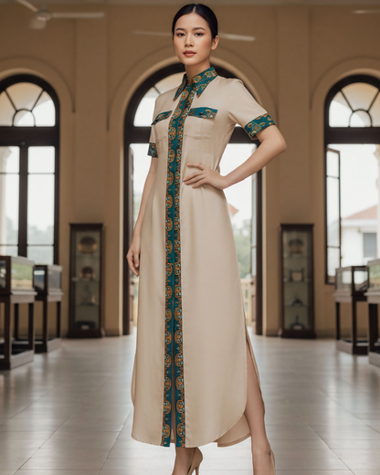 Đầm Sơ Mi Lụa Xẻ Tà Dáng Suông / Họa tiết Lụa Trơn Be & Twilly Mây Hoạ Long Ân Xanh Cổ Vịt