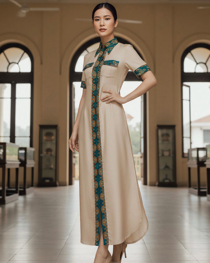 Đầm Sơ Mi Lụa Xẻ Tà Dáng Suông / Họa tiết Lụa Trơn Be & Twilly Mây Hoạ Long Ân Xanh Cổ Vịt