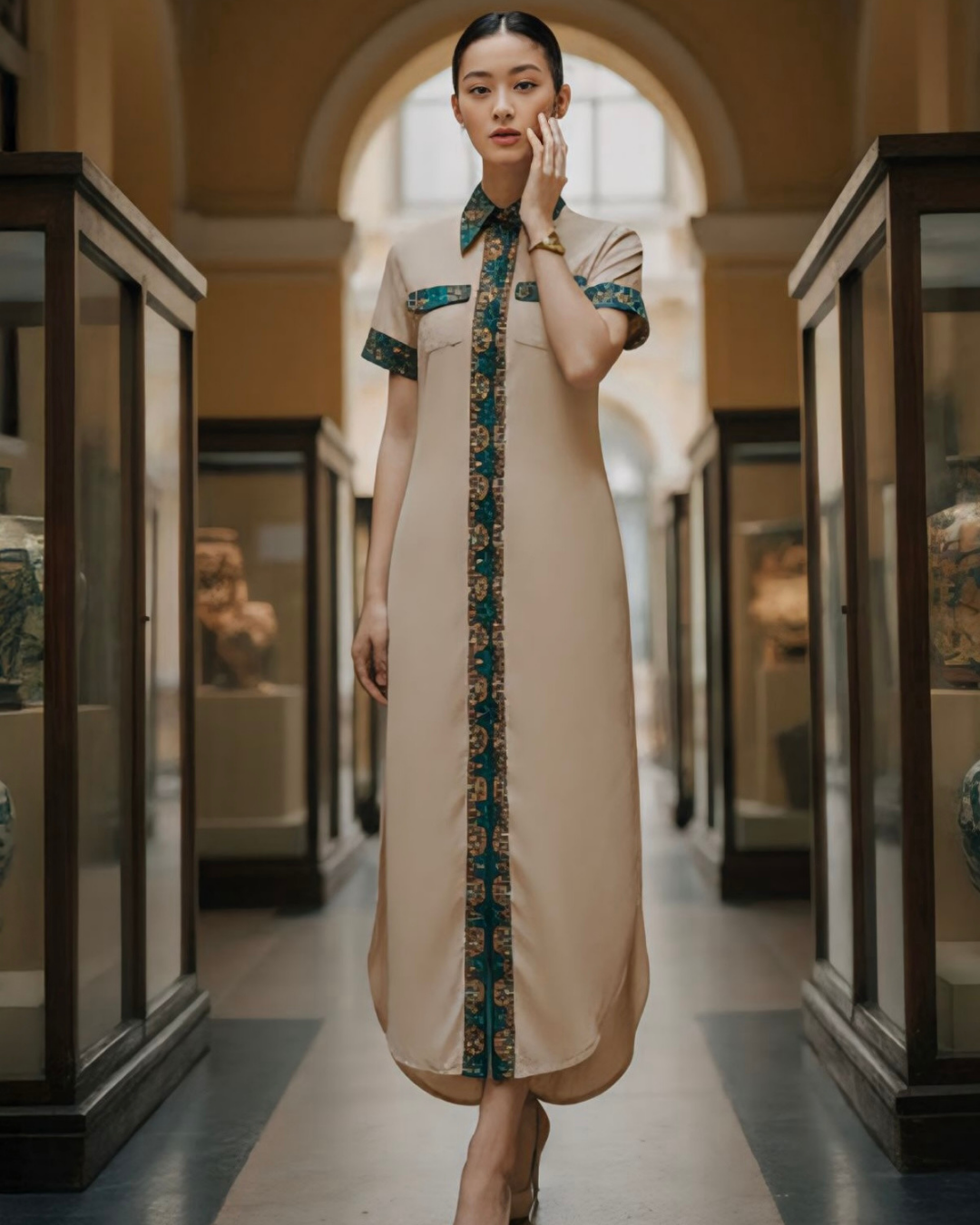 Đầm Sơ Mi Lụa Xẻ Tà Dáng Suông / Họa tiết Lụa Trơn Be & Twilly Mây Hoạ Long Ân Xanh Cổ Vịt