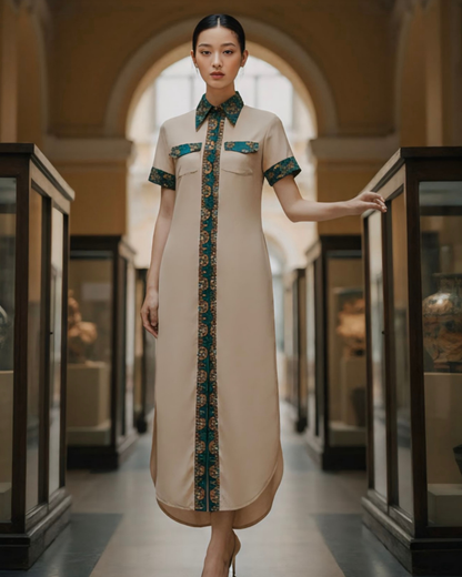 Đầm Sơ Mi Lụa Xẻ Tà Dáng Suông / Họa tiết Lụa Trơn Be & Twilly Mây Hoạ Long Ân Xanh Cổ Vịt