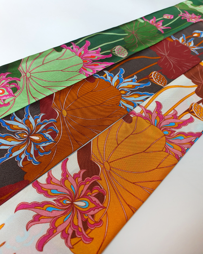 Quà Tặng Cao Cấp / Khăn Twilly Lụa Uyên Ương Liên Hạ / Xanh Lá & Hồng / 6cm x 150cm