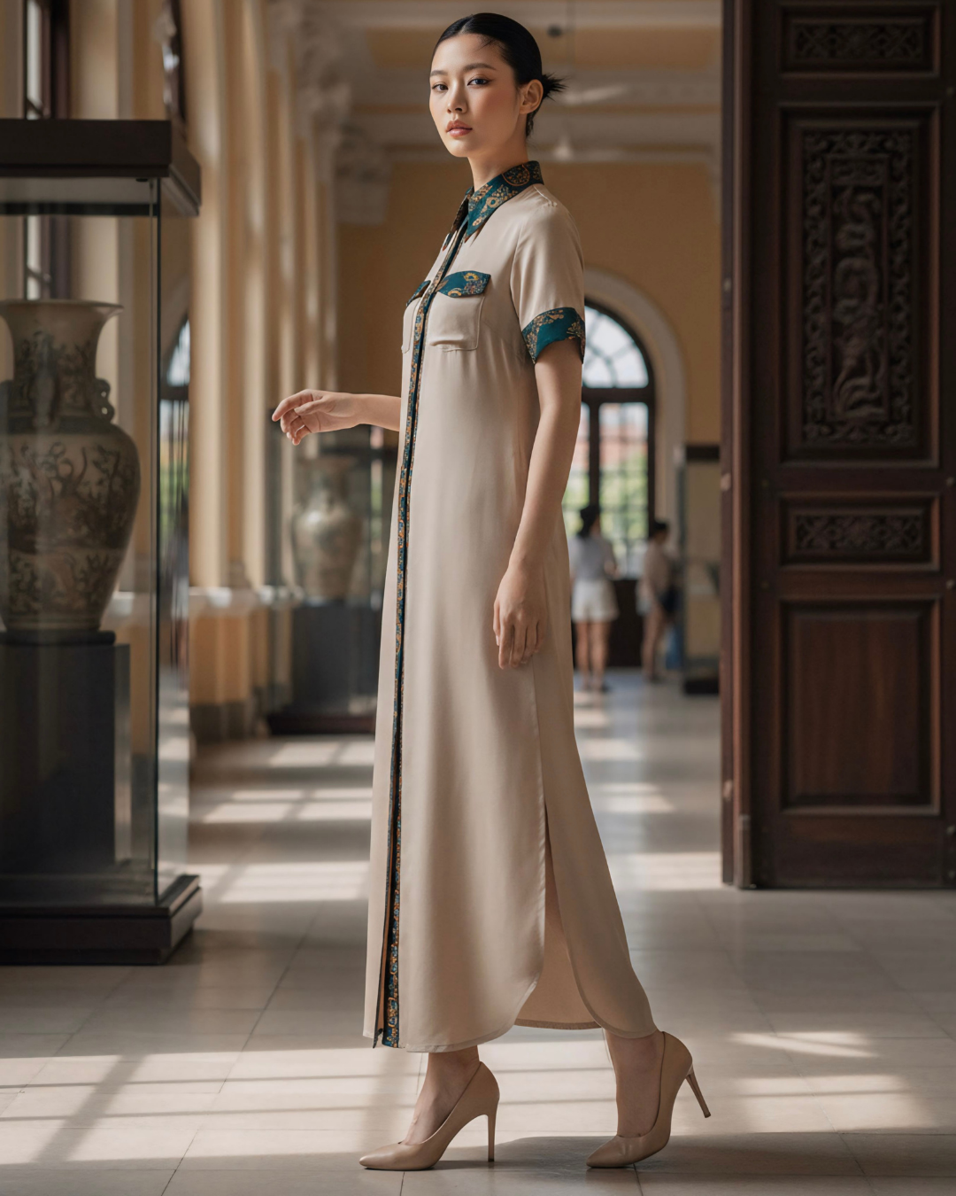 Đầm Sơ Mi Lụa Xẻ Tà Dáng Suông / Họa tiết Lụa Trơn Be & Twilly Mây Hoạ Long Ân Xanh Cổ Vịt