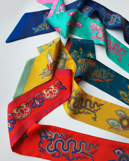 Quà Tặng Cao Cấp / Khăn Twilly Lụa Hương Vân Long Mộng / Xanh Cổ Vịt & Da Cam / 6cm x 150cm