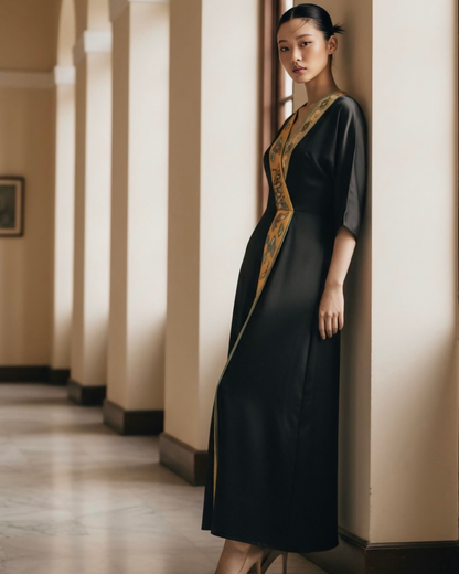 Đầm Quấn Lụa / Họa tiết Lụa Trơn Đen & Twilly Mây Hoạ Long Ân Vàng