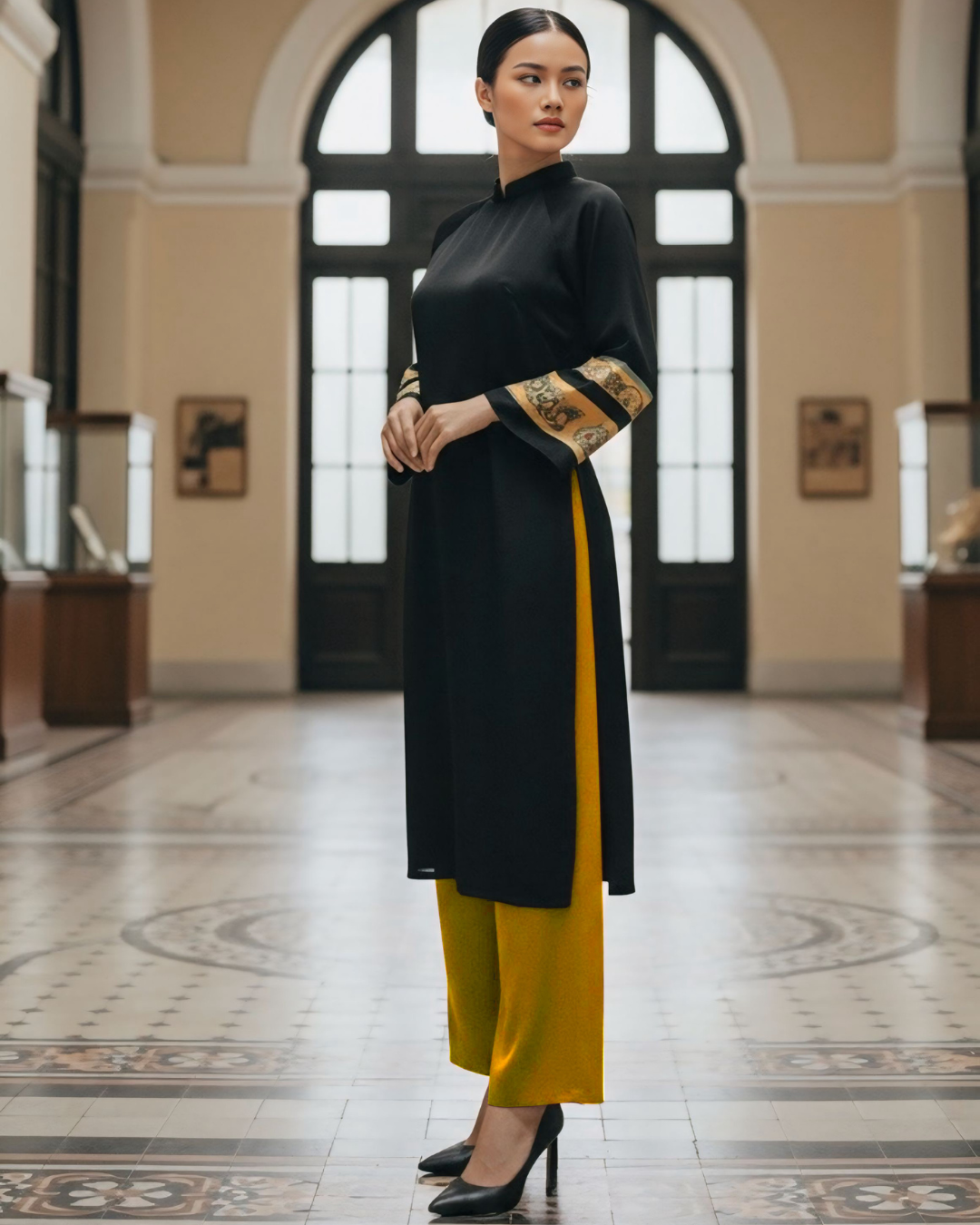 Áo Dài Lụa Tay Loa / Họa tiết Lụa Trơn Đen Vàng & Twilly Mây Hoạ Long Ân Vàng