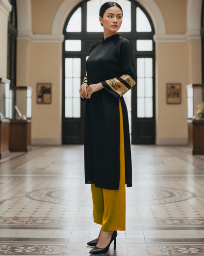 Áo Dài Lụa Tay Loa / Họa tiết Lụa Trơn Đen Vàng & Twilly Mây Hoạ Long Ân Vàng