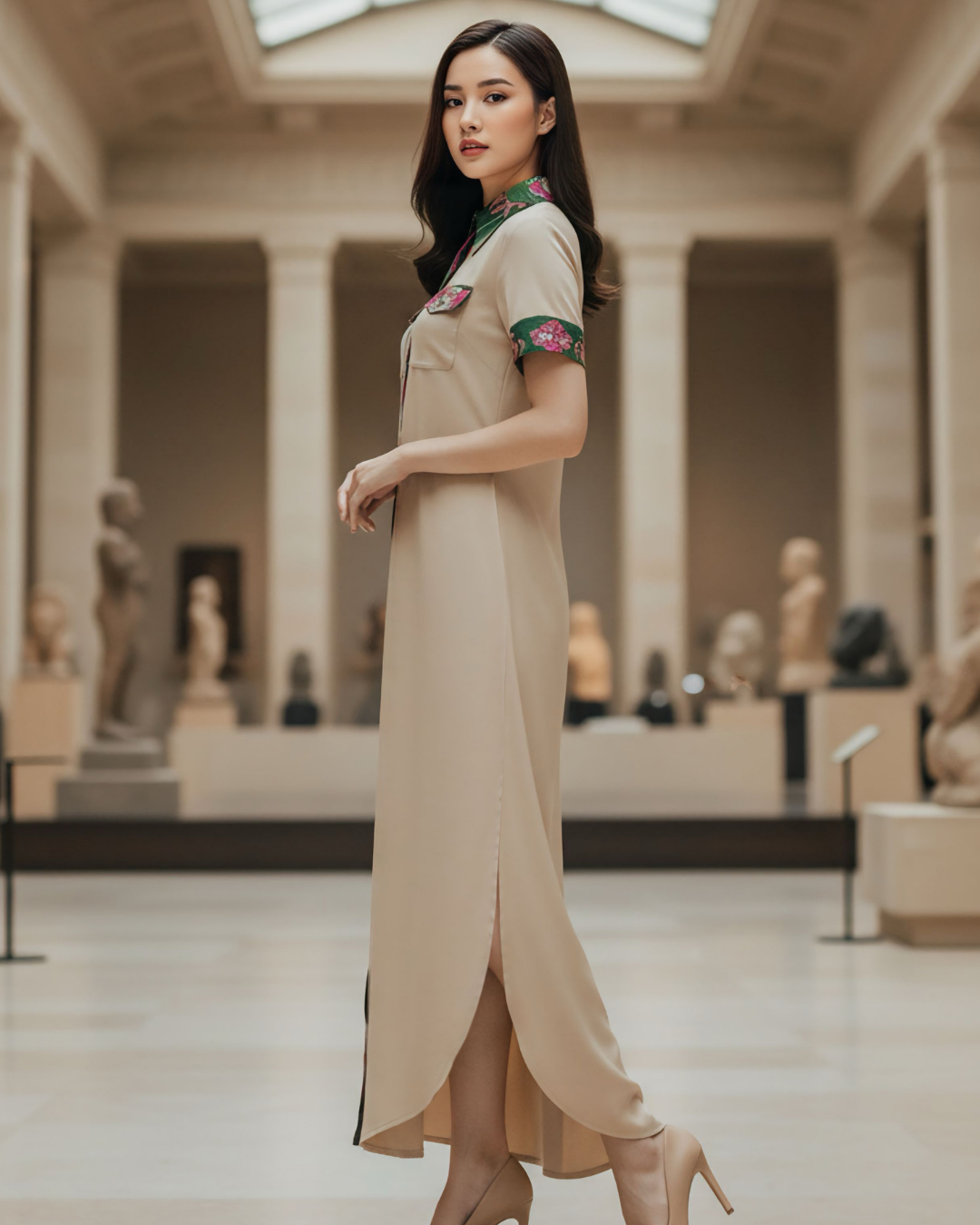 Đầm Sơ Mi Lụa Xẻ Tà Dáng Suông / Họa tiết Lụa Trơn Be & Twilly Uyên Ương Liên Hạ Xanh Lá & Hồng