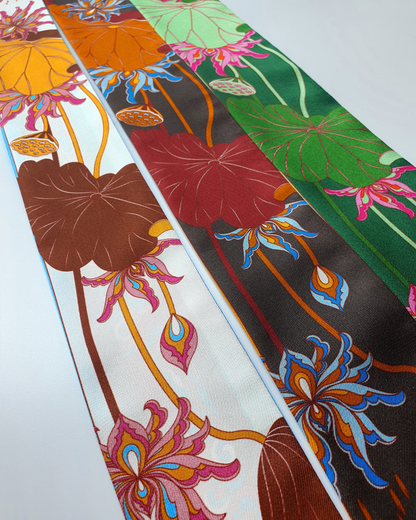 Quà Tặng Cao Cấp / Khăn Twilly Lụa Uyên Ương Liên Hạ / Xanh Lá & Hồng / 6cm x 150cm